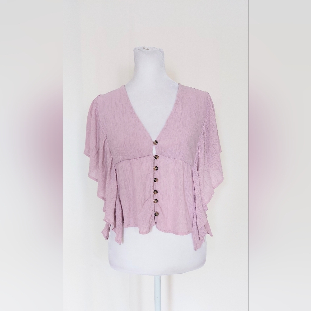 Wishlist Apparel Button Down Flutter Sleeve Cropped Shirt Size Small Purple